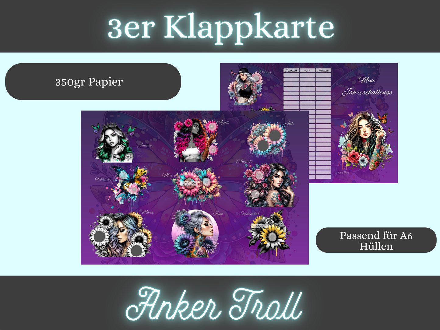 Mini Jahreschallenge, 3er Klappkarte, würfeln, rechnen, rubbeln, abstreichen